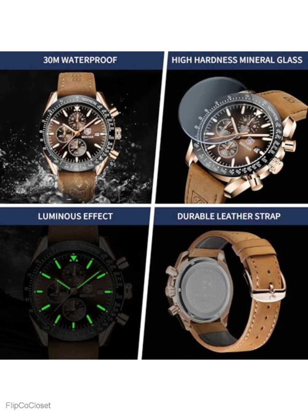 Men's Chronograph Quartz Watch Stainless Steel Case Silicone Strap - Picture 4 of 6